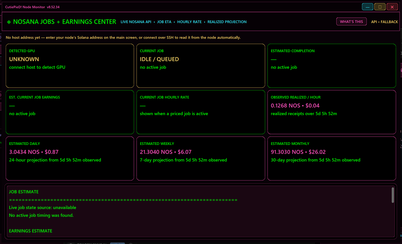 Nosana Jobs and Earnings Center with live API cards and projections