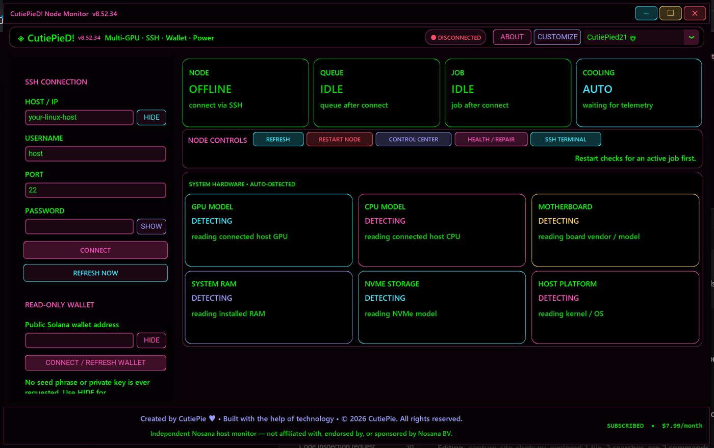 CutiePieD Node Monitor main dashboard with SSH, wallet, node status, and hardware cards